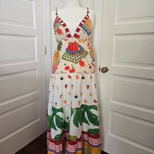 NWT Farm Rio Mixed Picnic Vibrant & Sexy Low Cut Summer Maxi Dress Size L